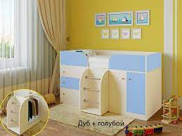 Кровать-чердак Малыш-4 Дуб молочный/Голубой в Черепаново - cherepanovo.mebel54.com | фото