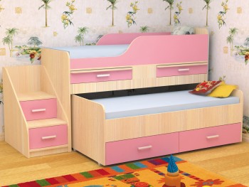 Кровать детская Лесики двухместная 1.8  Дуб молочный/Розовый в Черепаново - cherepanovo.mebel54.com | фото