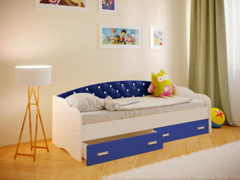 Кровать Софа-8 с мягкой спинкой со стразами (900х1900) Белый/Синий в Черепаново - cherepanovo.mebel54.com | фото