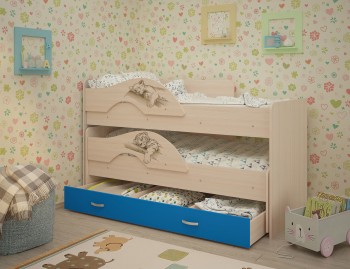 Кровать выкатная Радуга-Сафари детская 1600 Млечный дуб/Голубой в Черепаново - cherepanovo.mebel54.com | фото