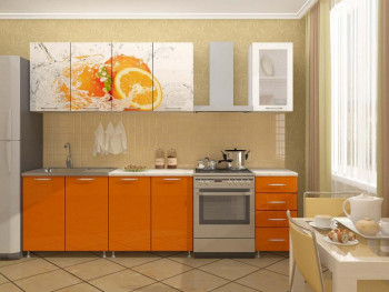 Кухонный гарнитур 1,6м Апельсин (Белый/Оранжевый металлик/Фотопечать апельсин) в Черепаново - cherepanovo.mebel54.com | фото